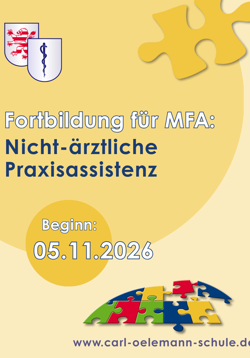 Das Bild wirbt für die Fortbildung "Nicht-ärztliche Praxisassistenz" für MFA an der Carl-Oelemann-Schule ab dem 05.11.2026.