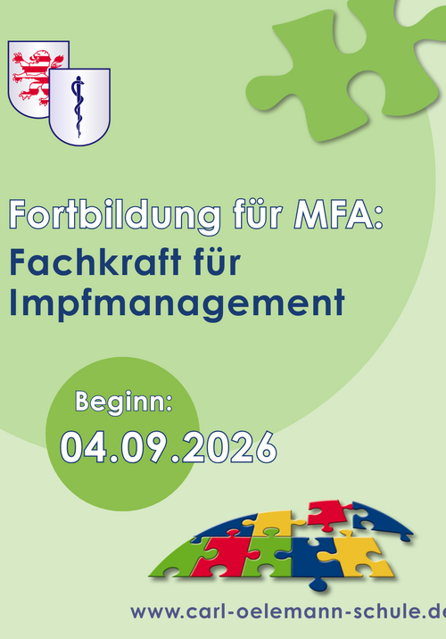 Bild, das für die Fortbildung "Fachkraft für Impfmanagement" der Carl-Oelemann-Schule für MFA wirbt. Die Fortbildung startet am 04.09.2026.