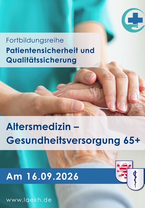 Bild, auf dem eine Person in medizinischer Personalkleidung einer alten Person die Hände drückt. Das Bild macht auf die Fortbildung "Altersmedizin - Gesundheitsversorgung 65+" aufmerksam, die am 16.09.2026 online stattfindet.