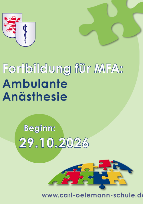 Das Bild wirbt für die Fortbildung "Ambulante Anästhesie" für MFA an der Carl-Oelemann-Schule ab dem 29.10.2026.