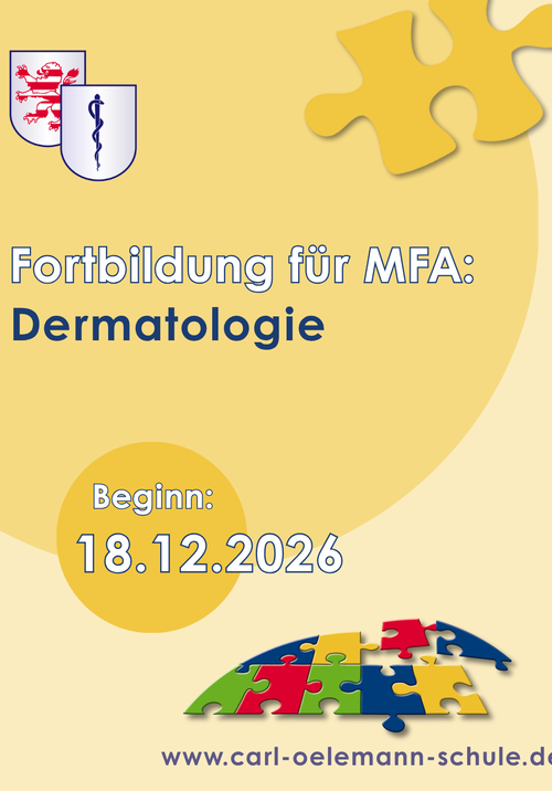 Bild, das für die Fortbildung "Dermatologie" für MFA wirbt, die ab dem 18.12.2026 an der Carl-Oelemann-Schule stattfindet.