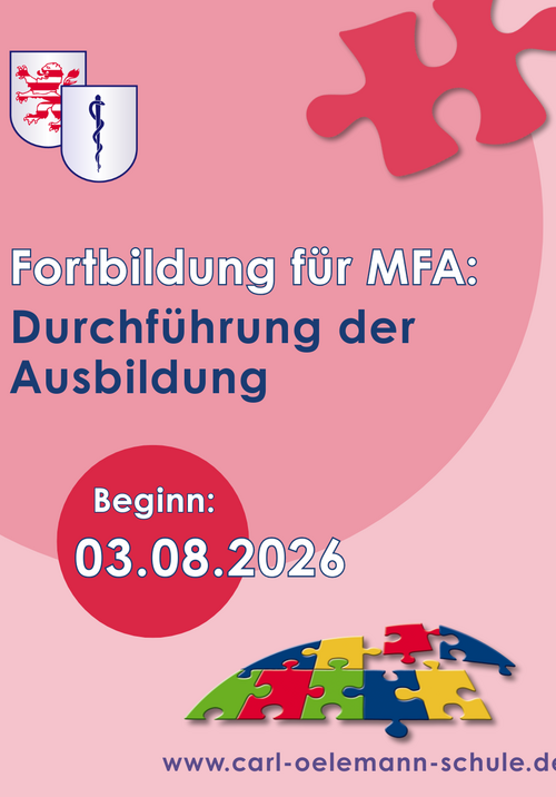 Bild, das für die Ausbildung "Durchführung der Ausbildung" für MFA an der Carl-Oelemann-Schule ab dem 03.08.2026 wirbt.