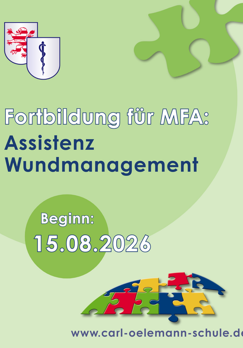 Bild, das für die Fortbildung "Assistenz Wundmanagement" der Carl-Oelemann-Schule für MFA wirbt.