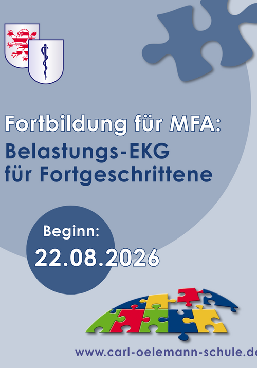 Bild, das für die Fortbildung "Belastungs-EKG für Fortgeschrittene" der Carl-Oelemann-Schule für MFA wirbt.