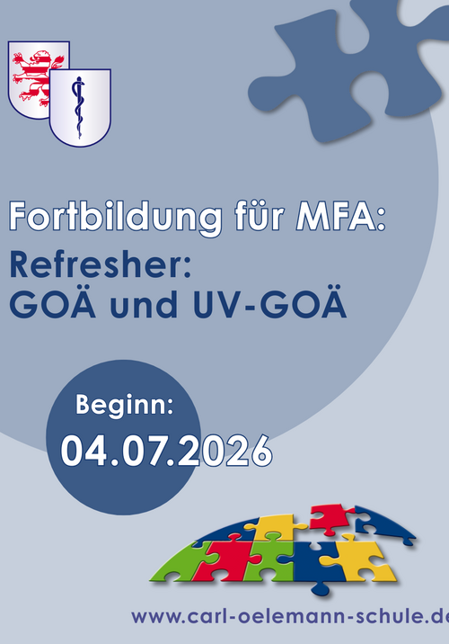 Bild, das für die Fortbildung "Refresher: GOÄ und UV-GOÄ" der Carl-Oelemann-Schule wirbt. Richtet sich an MFA und findet am 04.07.2026 statt.