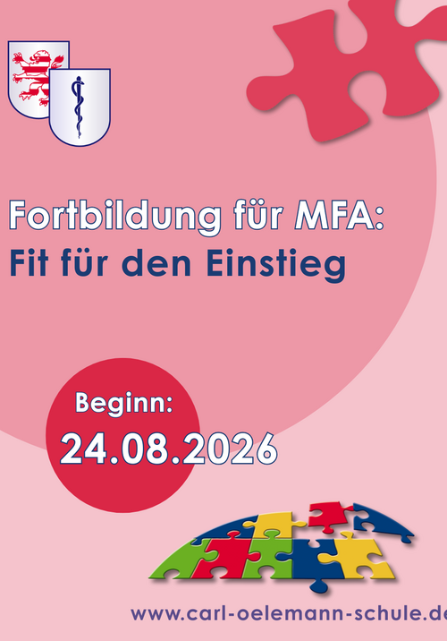Bild, das für die Fortbildung "Fit für den Einstieg" der Carl-Oelemann-Schule für MFA wirbt. Die Fortbildung startet am 24.08.2026.