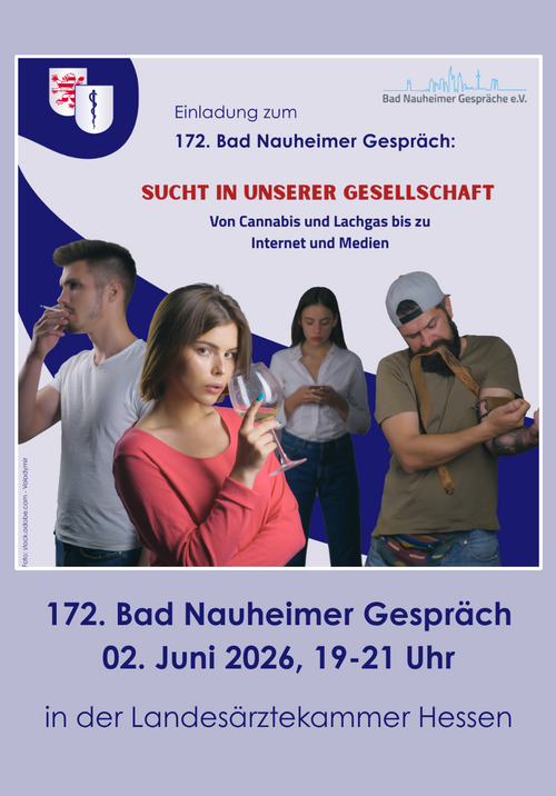Bild, das zum 172. Bad Nauheimer Gespräch zum Thema Sucht in unserer Gesellschaft am 02.06.2026 einlädt. Das Bild zeigt vier Personen, die symbolisch jeweils eine Sucht verkörpern, Alkohol, Rauchen, Drogenkonsum und Digitalsucht.