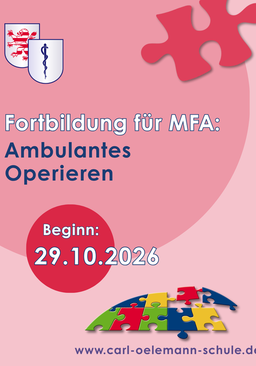 Das Bild wirbt für die Fortbildung "Ambulantes Operieren" für MFA an der Carl-Oelemann-Schule ab dem 29.10.2026.