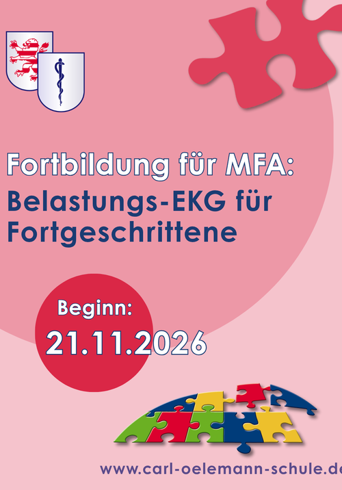 Bild, das für die Fortbildung "Belastungs-EKG für Fortgeschrittene" der Carl-Oelemann-Schule am 21.11.2026 für MFA wirbt.