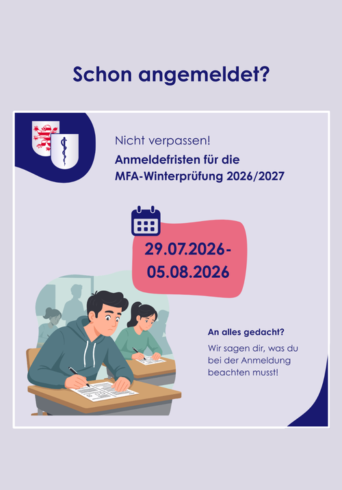 Bild, das einen Mann und eine Frau beim Schreiben einer Prüfung zeigt und der auf die Anmeldefristen für die MFA-Abschlussprüfungen im Winter 2026/2027 aufmerksam macht.