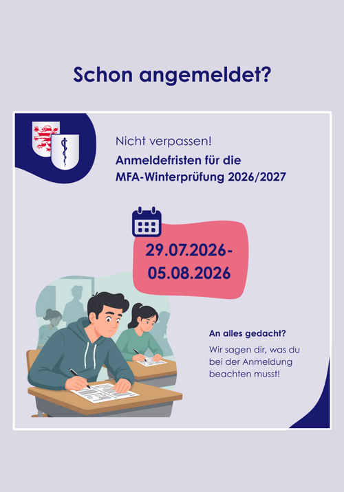Bild, das einen Mann und eine Frau beim Schreiben einer Prüfung zeigt und der auf die Anmeldefristen für die MFA-Abschlussprüfungen im Winter 2026/2027 aufmerksam macht.
