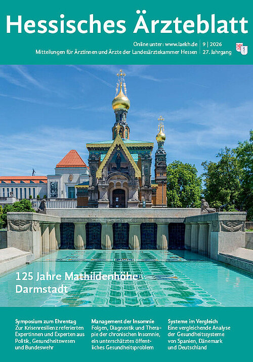 Titelbild der September-Ausgabe des Hessischen Ärzteblatts. Das Titelbild zeigt ein Bild der Russischen Kappelle auf der Mathildenhöhe Darmstadt.