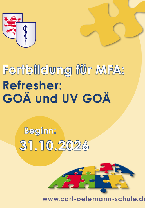 Bild, das für die Fortbildung "Refresher: GOÄ und UV GOÄ" der Carl-Oelemann-Schule für MFA wirbt.