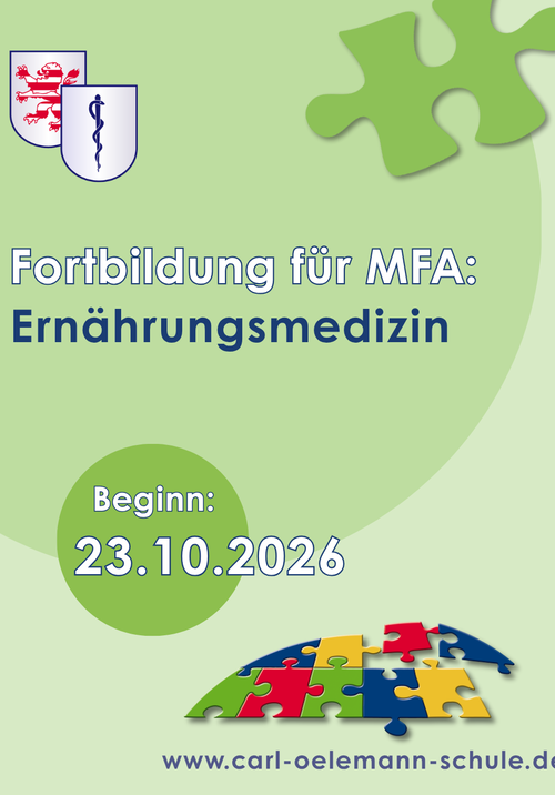 Bild, das für die Fortbildung "Ernährungsmedizin" für MFA wirbt, die ab dem 23.10.2026 an der Carl-Oelemann-Schule stattfindet.