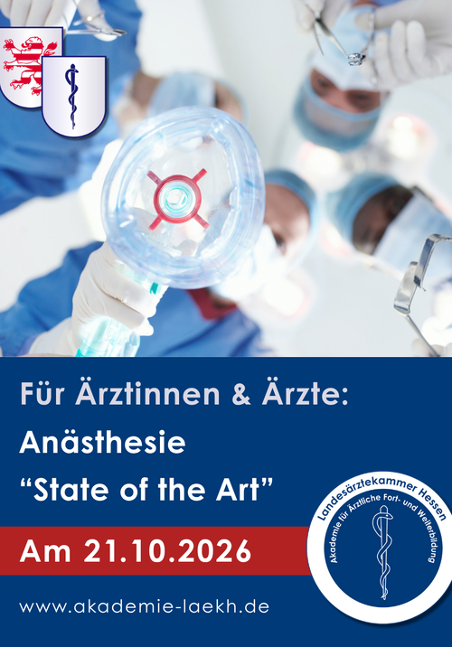 Bild, das die Fortbildung "Anästhesie - State of the Art" der Akademie für ärztliche Fort- und Weiterbildung am dem 21.10.2026 bewirbt. Das Foto zeigt den Blick auf eine Narkosemaske aus Perspektive einer auf dem OP-Tisch liegenden Person. An den Bildrändern ist ein Team von Ärztinnen und Ärzten zu sehen, die sich über einen beugen.
