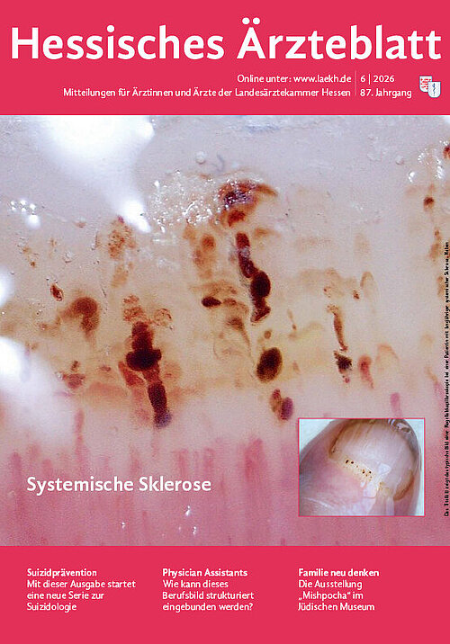 Titelbild der Juni-Ausgabe des Hessischen Ärzteblatts,. Die Ausgabe hat ein magentafarbenes Cover, das ein Foto einer Nagelfalzkapillarsokopie einer Patientin mit systemischer Sklerose zeigt.