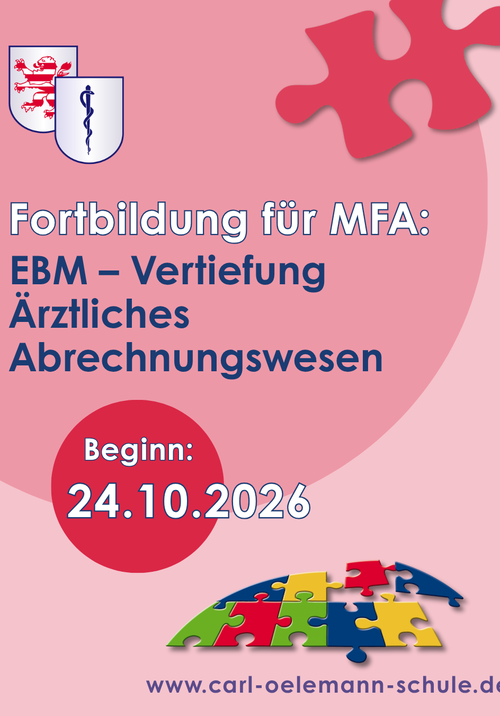 Bild, das für die Fortbildung "EBM – Vertiefung des Grundlagenwissens ärztliches Abrechnungswesen" für MFA wirbt, die ab dem 24.10.2026 an der Carl-Oelemann-Schule stattfindet.