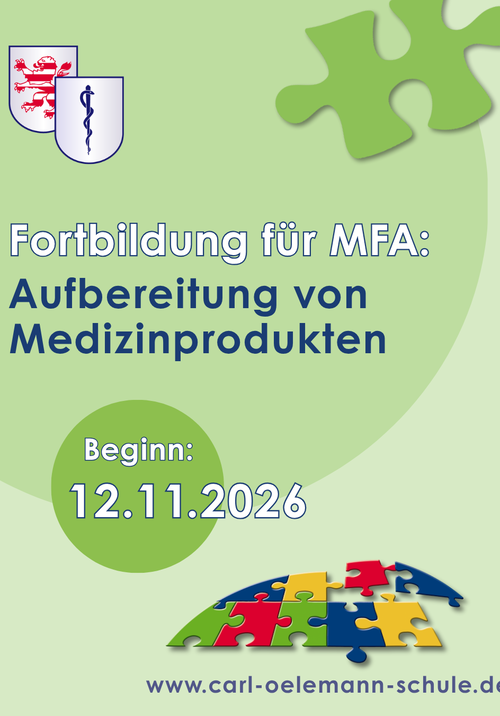 Das Bild wirbt für die Fortbildung "Sachkenntnis Aufbereitung von Medizinprodukten" für MFA an der Carl-Oelemann-Schule ab dem 12.11.2026.