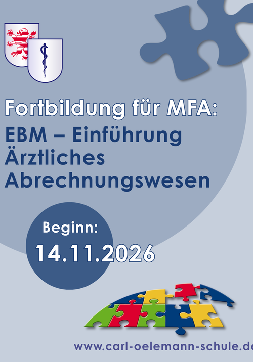 Das Bild wirbt für die Fortbildung "EBM - Einführung ins ärztliche Abrechnungswesen" für MFA an der Carl-Oelemann-Schule am 14.11.2026.